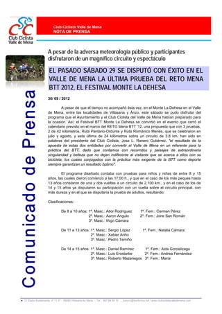 Club Ciclista Valle de Mena
                           NOTA DE PRENSA




                       A pesar de la adversa meteorología público y participantes
                       disfrutaron de un magnífico circuito y espectáculo

                        EL PASADO SÁBADO 29 SE DISPUTÓ CON ÉXITO EN EL
                        VALLE DE MENA LA ÚLTIMA PRUEBA DEL RETO MENA
                        BTT 2012, EL FESTIVAL MONTE LA DEHESA
                       30/ 09 / 2012

                                A pesar de que el tiempo no acompañó ésta vez, en el Monte La Dehesa en el Valle
                       de Mena, entre las localidades de Villasana y Ánzo, este sábado se pudo disfrutar del
                       programa que el Ayuntamiento y el Club Ciclista del Valle de Mena habían preparado para
                       la ocasión. Así, el Festival BTT Monte La Dehesa se convirtió en el evento que cerró el
                       calendario previsto en el marco del RETO Mena BTT '12, una propuesta que con 3 pruebas,
                       2 de 42 kilómetros, Ruta Pantano-Ordunte y Ruta Románico Menés, que se celebraron en
                       julio y agosto, y esta última de 24 kilómetros sobre un circuito de 3.8 km, han sido en
                       palabras del presidente del Club Ciclista, Jose L. Ranero Gutiérrez, "el resultado de la
                       apuesta de estas dos entidades por convertir al Valle de Mena en un referente para la
                       práctica del BTT, dado que contamos con recorridos y paisajes de extraordinaria
                       singularidad y belleza que no dejan indiferente al visitante que se acerca a ellos con su
                       bicicleta, los cuales conjugados con la práctica más exigente de la BTT como deporte
                       siempre garantizan un resultado óptimo".

                               El programa diseñado contaba con pruebas para niños y niñas de entre 8 y 15
                       años, las cuales dieron comienzo a las 17:00 h., y que en el caso de los más peques hasta
                       13 años constaron de una y dos vueltas a un circuito de 2,100 km., y en el caso de los de
                       14 y 15 años ya disputaron su participación con un vuelta sobre el circuito principal, con
                       más dureza y en el que se disputaría la prueba de adultos, resultando:

                       Clasificaciones:

                                  De 8 a 10 años: 1º. Masc.: Aitor Rodríguez                       1º. Fem.: Carmen Pérez
                                                  2º. Masc.: Aaron Angulo                          2º. Fem.: Jone San Román
                                                  3º. Masc.: Iñigo Cámara

                                  De 11 a 13 años: 1º. Masc.: Sergio López                           1º. Fem.: Natalia Cámara
                                                   2º. Masc.: Xabier Ariño
                                                   3º. Masc.: Pedro Temiño

                                  De 14 a 15 años: 1º. Masc.: Daniel Ramírez     1º. Fem.: Aida Gorostizaga
                                                   2º. Masc.: Luis Erostarbe     2º. Fem.: Andrea Fernández
                                                   3º. Masc.: Roberto Mazariegos 3º. Fem.: María




•   C/ Eladio Bustamante, nº 7 / 2º - 09580 Villasana de Mena - Tel.: 667 58 55 10 - jranero@telefonica.net / www.clubciclistavalledemena.com
 