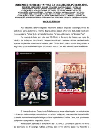 ENTIDADES REPRESENTATIVAS DA SEGURANÇA PÚBLICA CIVIL
SINDICADO DOS POLICAIS CIVIS DO ESTADO DE SANTA CATARINA – SINPOL-SC
...