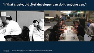 “If that crusty, old .Net developer can do it, anyone can.”
21
Source: “Navigating the Sea of ’No’s,’” John Osborn, GAIC, Dec 2017.
 