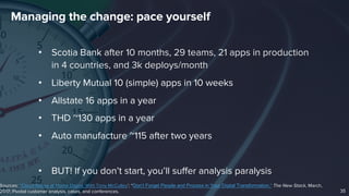 Managing the change: pace yourself
• Scotia Bank after 10 months, 29 teams, 21 apps in production
in 4 countries, and 3k deploys/month
• Liberty Mutual 10 (simple) apps in 10 weeks
• Allstate 16 apps in a year
• THD ~130 apps in a year
• Auto manufacture ~115 after two years
• BUT! If you don’t start, you’ll suffer analysis paralysis
35
Sources: “Cloud-Native at Home Depot, With Tony McCulley’; “Don’t Forget People and Process in Your Digital Transformation,” The New Stack, March,
2017; Pivotal customer analysis, cases, and conferences.
 