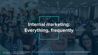 36
Internal marketing:
Everything, frequently
Sources: Pivotal customers; “The Need For Speed: Drive Velocity And Quality With DevOps,” Robert Stroud & Eveline Oehrlich,
Forrester, Feb 2017
 