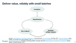Deliver value, reliably with small batches
9
Sources: “Good Software is a Series of Little Failures,” Coté, April 2016; The Lean Startup, Eric Ries, 2011. The Lean Enterprise, Barry
O'Reilly, Jez Humble, and Joanne Molesky. See also overview of this approach at the IRS from Dec 2015. "Application Modernization,
Service By Microservice," Kurt Bittner and Randy Heffner, Forrester, Dec 2015; "Best Practices For Agile-Plus- Architecture," Randy
Heffner, Forrester February, 2015.
 