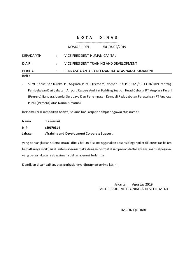 Nota dinas penyampaian absensi manual isimaruni