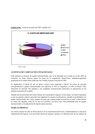   18
Gráfico nº10: Cuota de mercado año 2007, medido en %
% CUOTA DE MERCADO 2007
33,9
30,9
14,6
5,6
15,0
D&S
Cencosud
SMU
Falabella
Otros
AUSENCIA DE CADENAS MULTINACIONALES
Cabe destacar la ausencia de grupos transnacionales, que se ha plasmado en la salida en el año 2003 de
Carrefour. La firma francesa siguió los pasos de la corporación Ahold-Velox, holandesa-argentina)
propietaria de la cadena Santa Isabel que fue vendida al grupo Cencosud en 2002.
Es significativo el hecho de que en países vecinos como Argentina y Brasil, las cuotas de mercado
correspondientes a grupos transnacionales son superiores al 70% en Argentina y al 40% en Brasil. Chile
representa un mercado más pequeño y las compañías internacionales priorizaron su penetración en las
grandes economías de la región.
Además del inconveniente del menor número de consumidores respecto a estos países, un hecho importante
es que las grandes cadenas nacionales han adquirido las mejores localizaciones, dejando la posibilidad a los
grupos internacionales de, o bien comprar en zonas que exigen grandes inversiones en suelo, o bien situarse
en zonas más alejadas, como fue el caso de Carrefour, con poco éxito. Otra posibilidad para los grupos
transnacionales es la adquisición de alguna cadena nacional.
MARCAS PROPIAS
Las marcas propias ha sido un factor decisivo en la concentración del sector, transformándose en una pieza
fundamental del negocio. Son una fuente directa de ingresos, aportan a la diferenciación de las cadenas de
Fuente: D&S
 