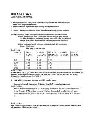 NOTA EA TING 4
JENIS PENDAPATAN INDIVIDU


1. Pendapatan individu -ialah jumlah pendapatan yang diterima oleh seseorang individu
   dalam suatu tempoh masa tertentu
2. Terbahagi kepada : Upah,sewa,faedah ,untung dan bayaran pindahan

3. Rumus : Pendapatan individu = Upah + sewa+ faedah +untung+ bayaran pindahan

A) UPAH –Ganjaran kepada Buruh yang menyumbangkan tenaga fizikal atau mental
         a) Upah nominal (upah wang ) –upah yang dinyatakan dalam wang semasa
            LATIHAN : Andai kadar upah sehari seorang buruh ialah RM30 dan jika buruh
            bekerja 20 hari dalam tempoh sebulan ,berapa upah nominal bagi buruh ?
            ________________
         b) Upah benar ialah jumlah barangan yang dapat dibeli oleh upang wang
            Rumus : Upah wang
                     Harga Purata barang
LATIHAN 1:
    TAHUN           UPAH            HARGA            HARGA           HARGA              UPAH
                    WANG            BARANG           BARANG          PURATA             BENAR
                                    X                Y
    1985            1200            1.00             2.00
    1990            1500            1.20             2.30
    1995            1800            1.50             2.80
    2000            2100            1.90             3.50
LATIHAN 2:
Upah wang Encik Ali ialah RM1000 sebulan. Beliau bercadang untuk membeli tiga
barang seperti berikut : Barang X= RM10, Barang Y =RM5, Barang Z= RM15.
Hitungkan upah benar Encik Ali ?_______________________________

B) FAEDAH - ganjaran kepada pemilik modal wang

  Rumus : Jumlah simpanan X kadar faedah X tempoh simpanan
LATIHAN 1:
    Encik Bakar mempunyai RM5 000 yang disimpan dalam akaun simpanan
    tetap dengan BSN untuk tempoh 3 bulan. Berapakah jumlah faedah yang
    akan diterima oleh Encik Bakar jika kadar faedah bank ini ialah 4 % setahun
    ?


LATIHAN 2:
Cik Lily menyimpan RM5000 di RHB untuk tempoh setahun.Kadar faedah yang
ditawarkan ialah 9 % setahun ? ____________________________
 