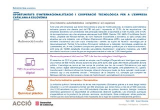 Eslovènia | Nota econòmica 7
Estratègia i Intel·ligència Competitiva
Una indústria automobilística competitiva i en expansió
Desenvolupament del sector TIC i de les tecnologies intel·ligents
Amb unes 250 empreses que donen feina directa a prop de 16.000 persones, la indústria automobilística
eslovena genera una desena part del PIB del país i representa el 12,5% de les exportacions. Les
empreses eslovenes són proveïdores dels principals fabricants d’automòbils a nivell mundial, amb el 40%
de les exportacions cap a les empreses alemanyes Audi, BMW, Daimler, VW, MAN i Ford-Werke GmbH.
Revoz, propietat del Renault francès, és l'únic fabricant d'automòbils a Eslovènia. El país compta amb
atractius per a la indústria, com el Clúster d'Automoció d'Eslovènia (ACS), que aglutina els proveïdors
eslovens d'automoció així com socis d'institucions i serveis de suport de recerca i tecnologia per al
desenvolupament. També, hi ha centres d'innovació, instituts per a materials i tecnologies, acadèmies de
coneixement, etc. A més, Eslovènia compta amb personal altament qualificat per a la indústria automotriu,
amb prop de 12.000 estudiants d’escoles secundàries d’automoció i enginyeria mecànica, uns 3.300
estudiants inscrits en cursos de grau en enginyeria mecànicai més de 2.000 investigadors.
OPORTUNITATS D’INTERNACIONALITZACIÓ I COOPERACIÓ TECNOLÒGICA PER A L’EMPRESA
CATALANA A ESLOVÈNIA
Font: ICEX. Invest Slovenia.
TIC i transformació
digital
El setembre de 2015 el govern eslovè va adoptar una Estratègia d'Especialització Intel·ligent que preveu
una inversió de 656 milions d'euros durant els anys 2016-2018, dels quals 366 milions procediran de fons
públics. L’estratègia es centra en tres camps de prioritats que han de convertir Eslovènia en una regió
verda, activa i digital: desenvolupament de ciutats i comunitats intel·ligents, amb plataformes TIC i gestió,
transformació i distribució eficient de l'energia; obtenció d'energia a través de fonts naturals i tradicionals i
transició cap a una economia circular; i introducció de la indústria 4.0, concepte que comprèn les
fàbriques del futur que funcionaran a través de l'optimització i automatització de la producció.
Química i plàstics
Una forta indústria química i farmcèutica
La indústria química i farmacèutica és de les més importants d’Eslovènia gràcies a la seva llarga tradició
industrial i a un fort ecosistema format per 850 empreses que donen feina a més de 27.000 persones.
Uns 5.200 estudiants de grau i uns 4.000 estudiants d’escoles de química, farmàcia, biologia i medicina
veterinària garanteixen la disponibilitat de professionals altament qualificats. Les empreses químiques
s'especialitzen en la producció de pintures, vernissos, recobriments, fibres sintètiques i altres productes,
mentre que les dues farmacèutiques més importants de la regió fan sobretot medicaments genèrics.
Automoció i moto
 