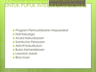 PENGLIBATAN KOMUNITI SETEMPAT
UNTUK PUPUK INTEGRASI NASIONAL




     Program Permuafakatan Masyarakat
     Hari Keluarga
     Acara Kebudayaan
     Sambutan Perayaan
     Aktiviti Kokurikulum
     Bulan Kemerdekaan
     Lawatan ziarah
     Bina Insan
 