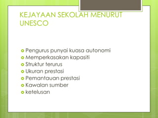 KEJAYAAN SEKOLAH MENURUT
UNESCO


 Pengurus   punyai kuasa autonomi
 Memperkasakan kapasiti
 Struktur terurus
 Ukuran prestasi
 Pemantauan prestasi
 Kawalan sumber
 ketelusan
 