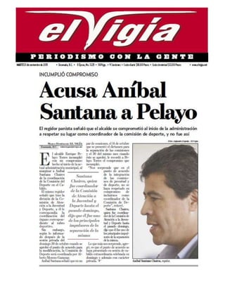 Regidor Aníbal Santana es removido de Comisión de Deportes