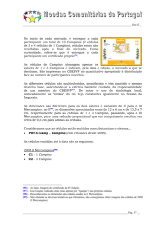 _________________________________________________________________________________ Dec12 _




No início de cada mercado, é entregue a cada
participante um total de 10 Campinos (2 cédulas
de 3 e 4 cédulas de 1 Campino), cédulas essas não
recolhidas após o final do mercado. Como
curiosidade, refere-se que é entregue a cada
participante um certificado próprio(96).

As cédulas de Campino abrangem apenas os
valores de 1 e 3 Campinos e indicam, pela data e edição, o mercado a que se
destinam. São impressas no CBESVF no quantitativo apropriado à distribuição
face ao número de participantes inscritos.

As diferentes cédulas são multicoloridas, monofaciais e têm mantido o mesmo
desenho base, salientando-se a estética bastante cuidada, da responsabilidade
de um membro do CBESVF(97). De notar o uso de simbologia local,
nomeadamente as “ondas” do rio Tejo constantes igualmente no brasão da
freguesia.

As dimensões são diferentes para os dois valores e variaram do II para o III
Mercampino: no II(98), as dimensões aproximadas eram de 12 x 6 cm e de 13,5 x 7
cm, respetivamente para as cédulas de 1 e 3 Campino, passando, após o III
Mercampino, para uma redução proporcional que em comprimento resultou em
cerca de 0,5 cm para ambas as cédulas.

Consideramos que as cédulas então emitidas consubstanciam o sistema...
    PRT-C-Camp – Campino (com emissões desde 2008).

As cédulas emitidas até à data são as seguintes:

2008 (I Mercampino)(99)
 C1 - 1 Campino
    C2 - 3 Campino




(96) – Ao lado, imagem do certificado da IV Edição.
(97) – José Gaspar, indicado aliás (mas apenas por “Jgaspar”) nas próprias cédulas.
(98) – Desconhecemos as dimensões das cédulas usadas no I Mercampino.
(99) – Não obstante as diversas tentativas que efetuámos, não conseguimos obter imagens das cédulas de 2008
       (I Mercampino).



______________________________________________________________________________ Pág. 57 __
 