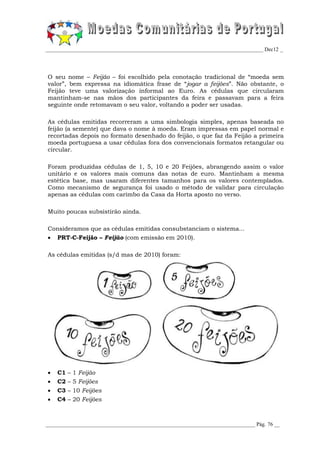 _________________________________________________________________________________ Dec12 _




O seu nome – Feijão – foi escolhido pela conotação tradicional de “moeda sem
valor”, bem expressa na idiomática frase de “jogar a feijões”. Não obstante, o
Feijão teve uma valorização informal ao Euro. As cédulas que circularam
mantinham-se nas mãos dos participantes da feira e passavam para a feira
seguinte onde retomavam o seu valor, voltando a poder ser usadas.

As cédulas emitidas recorreram a uma simbologia simples, apenas baseada no
feijão (a semente) que dava o nome à moeda. Eram impressas em papel normal e
recortadas depois no formato desenhado do feijão, o que faz da Feijão a primeira
moeda portuguesa a usar cédulas fora dos convencionais formatos retangular ou
circular.

Foram produzidas cédulas de 1, 5, 10 e 20 Feijões, abrangendo assim o valor
unitário e os valores mais comuns das notas de euro. Mantinham a mesma
estética base, mas usaram diferentes tamanhos para os valores contemplados.
Como mecanismo de segurança foi usado o método de validar para circulação
apenas as cédulas com carimbo da Casa da Horta aposto no verso.

Muito poucas subsistirão ainda.

Consideramos que as cédulas emitidas consubstanciam o sistema...
   PRT-C-Feijão – Feijão (com emissão em 2010).

As cédulas emitidas (s/d mas de 2010) foram:




   C1 – 1 Feijão
   C2 – 5 Feijões
   C3 – 10 Feijões
   C4 – 20 Feijões



______________________________________________________________________________ Pág. 76 __
 