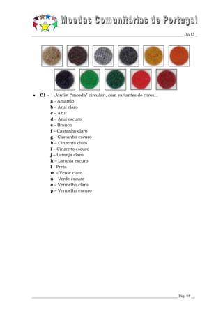 _________________________________________________________________________________ Dec12 _




   C1 – 1 Jardim (“moeda” circular), com variantes de cores...
         a - Amarelo
         b – Azul claro
         c – Azul
         d – Azul escuro
         e - Branco
         f – Castanho claro
         g – Castanho escuro
         h – Cinzento claro
         i – Cinzento escuro
         j – Laranja claro
         k – Laranja escuro
         l - Preto
         m – Verde claro
         n – Verde escuro
         o – Vermelho claro
         p – Vermelho escuro




______________________________________________________________________________ Pág. 88 __
 