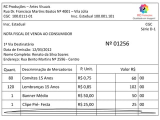 RC Produções – Artes Visuais
Rua Dr. Francisco Martins Bastos Nº 4001 – Vila Júlia
CGC 100.0111-01                          Insc. Estadual 100.001.101

Insc. Estadual                                                                      CGC
                                                                                 Série D-1
NOTA FISCAL DE VENDA AO CONSUMIDOR

1ª Via Destinatário                                          Nº 01256
Data de Emissão: 12/03/2012
Nome Completo: Renato da Silva Soares
Endereço: Rua Bento Martins Nº 2596 - Centro

Quant.     Descriminação de Mercadorias        P. Unit.               Valor R$
   80      Convites 15 Anos                 R$ 0,75                        60 00
  120      Lembranças 15 Anos               R$ 0,85                       102 00
    1       Banner Médio                    R$ 50,00                        50 00
    1       Clipe Pré- Festa                R$ 25,00                        25 00
 