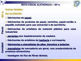 NOTA FISCAL ELETRÔNICA – NF-e

           Outras Cadeias
NF-e



           Em 01/09/09:

            fabricantes de papel;

            fabricantes de produtos de papel, cartolina, papel-cartão e
           papelão ondulado para uso comercial e de escritório;
Fiscal




            fabricantes de artefatos de material plástico para usos
           industriais

            serrarias com desdobramento de madeira

            fabricantes de artefatos de joalheria e ourivesaria;
Contábil




            fabricantes e atacadistas de pães, biscoitos e bolacha;

            atacadistas de mercadoria em geral, com predominância de
           produtos alimentícios

            tecelagem de fios de fibras têxteis;
 