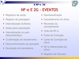 A NF-e 2G

                NF-e E 2G - EVENTOS
 Registros de saída              Desclassificação
 Registro de passagem            Cancelamento de ofício
 Internalização Suframa          Reversão do
                                   cancelamento
 Saída para exportação
                                  Visto da NF-e
 Internalização no país
  (desembaraço)                   Carta de Correção
 Confirmação de recebimento      Carta de Correção de
                                   ofício
 Desconhecimento da operação
                                  NF-e referenciada de
 Devolução de mercadoria
                                   ofício
                                  Registro de Veículos
 