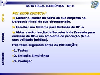 NOTA FISCAL ELETRÔNICA – NF-e

           Por onde começo?
NF-e




            Alterar o leiaute do SEPD da sua empresa na
           Delegacia Fiscal da sua circunscrição.
            Escolher um Sistema para Emissão de NF-e.
            Obter a autorização da Secretaria da Fazenda para
Fiscal




           emissão de NF-e em ambiente de produção (NF-e
           com validade jurídica).
           três fases sugeridas antes da PRODUÇÃO:
           •1. Testes
Contábil




           •2. Emissão Simultânea
           •3. Produção
 