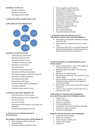 KEPERLUAN INOVASI
- Revolusi pendidikan
- Membntk modal insan
- Meningktkn kualiti institusi
1) STRATEGI PENGAJARAN INOVATIF
GURU KREATIF DAN BERMAKNA
KEPERLUAN INOVASI GURU
- Suaikn dgn gaya pembelajaran
- Memahami keperluan murid
- Memenuhi kehendak semasa
- Timbulkan keseronokan pelajar
- Menjadi guru yg bermakna
- Mencipta idea baru
- Membentuk sikap positif pelajar
- Menjadi pembimbing berpengetahuan
- Perancangan pengajaran yang lebih kempetitif
- Selesaikan masalah pembelajaran.
- Penyampaian lebih efektif
- Keseronokan pembelajaran
- Sesuaikan dengan objektif pembelajaran
- Ubah gaya pengajaran
- Sesuaikan dengan cabaran semasa
LANGKAH JADI GURU BERINOVASI
- Kenali dan jiwai ciri-ciri diri murid
- Strategi pengajaran releven dengan murid
- Kreatif dan inovatif
- Ada unsur kecindan
- Meningkatkan daya imaginasi murid sblm mula
pengajaran
- Pemilihan dan pengaplikasian media
2) PENGGUNAAN TEKNOLOGI DLM
PENGAJARAN
KELEBIHAN TEKNOLOGI DALAM PENDIDIKAN
• Jadikn pengajaran lebih menarik dan
menyeronokkan
• Melibatkan pelbagai kaedah dan bahan
• Perlu pengaplikasian pelbagai ilmu
• Perlukn aplikasi pelbagai kemahiran
• Menjadikn guru lebih kreatif
• Meningkatkn kualiti profesion
• Memberikan pengalaman pembelajaran
• Peluang belajar yg lebih menarik
• Meningkatkan komitmen pelajar
• Mewujudkan pengajaran jarak jauh
• Sesuai untuk semua pelajar
• Melibatkan penggunaan internet
• Bhn lbh multimedia
• Bhn interaktif dgn pelajar
• Sesuai utk kebanyakan kaedah
3 ASPEK PENTING DLM PENGGUNAAN
TEKNOLOGI MAKLUMAT DLM PENDIDIKAN
• Memudahkan pengumpulan maklumat [suntingan
imej, bunyi dll]
• Memanipulasikan maklumat dan proses semula
imej
• Utk berkomunikasi iaitu ia menjelaskn bagaimana
teknologi mklmt digunakn utk berkomunikasi bg
dptkn mklmt drpd sumber kpd penerima
PANDUAN PEMBINAAN POWERPOINT DALM
PENGAJARAN
• Ada ciri media [animasi, visual, audio, grafik] utk
tarik minat penonton scr spontan
• Blh diguna sbg alat persmbhn / alat bantuan utk
interaksi
• Blh diguna utk pelbagai kmpln
• Boleh tmbh, kurang, pinda / bina slaid baru semasa
psmbhn dijlnkn
• Blh mnyediakn nota penyampai / speaker note
dibhgn bwh slaid yg diedit utk bantu jelaskn isi
utama kpd pnyampai
• Blh sedia bhn salinan utama utk buat bhn tayangan
transperansi
• Ada ciri custom animation, special effect dan ciri
grafik utk tarik minat
KEPENTINGAN TEKNOLOGI PENDIDIKAN
DALAM PENGAJARAN DAN PEMBELAJARAN
• Jimatkn masa
• Tidak membosankan
• Melicinkan pengajaran
• Libatkan pelbagai deria
• Mewujudkan kelainan & kepelbagaian dlm pgjrn
• Memberikan kesan maksimum
• Pengalaman dipelbagaikn
PRINSIP TEKNOLOGI DALAM PENDIDIKAN
• Sebagai bhn bantu mengajar
• Bukan skdr utk hiburan
• Suaikan dengan topik dan masa
• Sebagai bahan rujukan
• Mudah alih
 