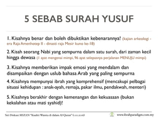 5 SEBAB SURAH YUSUF
1. Kisahnya benar dan boleh dibuktikan kebenarannya! (kajian arkeologi -
era Raja Amenhotep II - dinas...