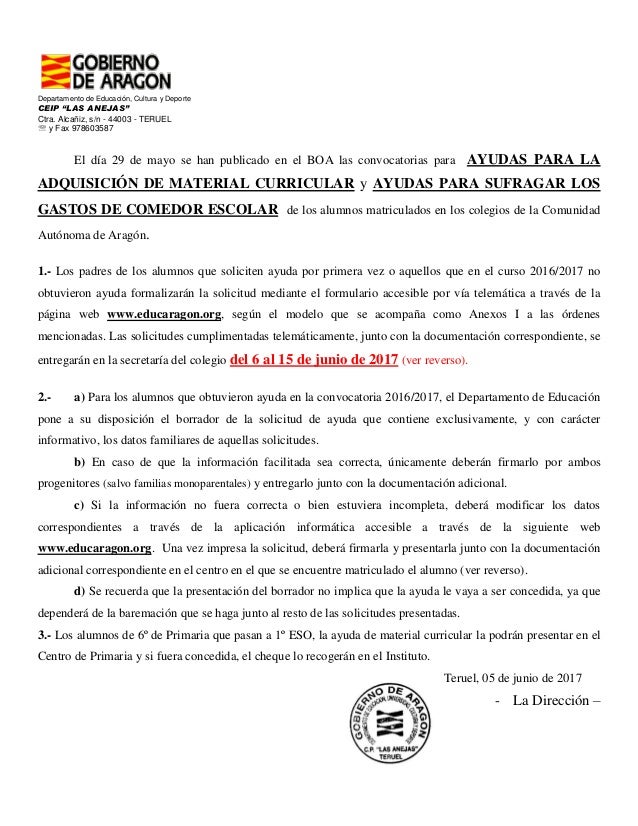 Nota informativa padres ayudas material curricular y comedor Nota informativa padres ayudas material curricular y comedor