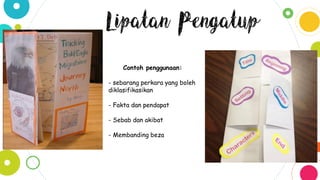 Contoh penggunaan:
- sebarang perkara yang boleh
diklasifikasikan
- Fakta dan pendapat
- Sebab dan akibat
- Membanding beza
Lipatan Pengatup
 