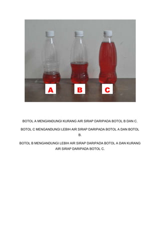 A

B

C

BOTOL A MENGANDUNGI KURANG AIR SIRAP DARIPADA BOTOL B DAN C.
BOTOL C MENGANDUNGI LEBIH AIR SIRAP DARIPADA BOTOL A DAN BOTOL
B.
BOTOL B MENGANDUNGI LEBIH AIR SIRAP DARIPADA BOTOL A DAN KURANG
AIR SIRAP DARIPADA BOTOL C.

 