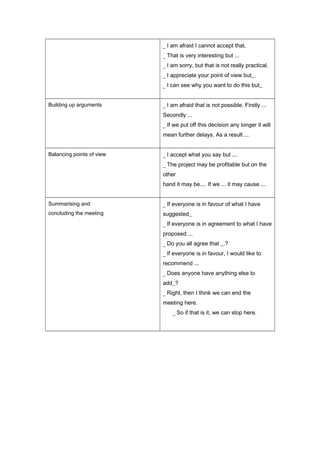 _ I am afraid I cannot accept that.
_ That is very interesting but ...
_ I am sorry, but that is not really practical.
_ I appreciate your point of view but_.
_ I can see why you want to do this but_
Building up arguments _ I am afraid that is not possible. Firstly ...
Secondly ...
_ If we put off this decision any longer it will
mean further delays. As a result ...
Balancing points of view _ I accept what you say but ...
_ The project may be profitable but on the
other
hand it may be.... If we ... it may cause ...
Summarising and
concluding the meeting
_ If everyone is in favour of what I have
suggested_
_ If everyone is in agreement to what I have
proposed ...
_ Do you all agree that _.?
_ If everyone is in favour, I would like to
recommend ...
_ Does anyone have anything else to
add_?
_ Right, then I think we can end the
meeting here.
_ So if that is it, we can stop here.
 