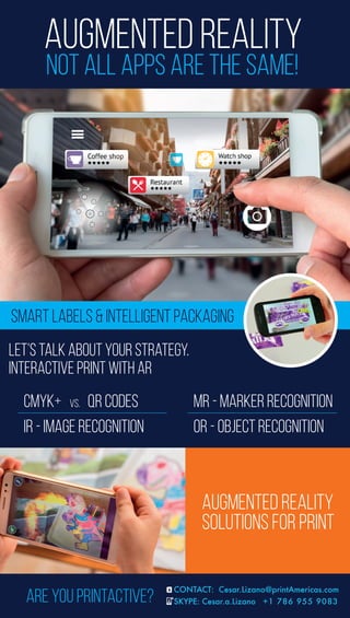 CONTACT: Cesar.Lizano@printAmericas.com
SKYPE: Cesar.a.Lizano +1 786 955 9083ARE YOU PRINTACTIVE?
CMYK+ vs. QR codes
IR - image recognition
MR - marker recognition
OR - object recognition
Let’s talk about your Strategy.
Interactive Print with AR
SMART LABELS & INTELLIGENT PACKAGING
Augmented Reality
Solutions for Print
AUGMENTED REALITY
Not all Apps are the same!
 