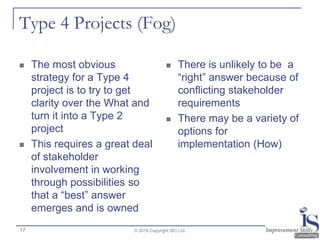 Type 4 Projects (Fog)
 The most obvious
strategy for a Type 4
project is to try to get
clarity over the What and
turn it into a Type 2
project
 This requires a great deal
of stakeholder
involvement in working
through possibilities so
that a “best” answer
emerges and is owned
 There is unlikely to be a
“right” answer because of
conflicting stakeholder
requirements
 There may be a variety of
options for
implementation (How)
© 2016 Copyright ISC Ltd.17
 