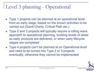 Level 3 planning - Operational
 Type 1 projects can be planned at an operational level
from an early stage, based on the known activities to be
carried out (Gantt Charts, Critical Path etc.)
 Type 2 and 3 projects will typically require a rolling wave
approach to operational planning, building levels of detail
as early products are delivered, or when early lifecycle
stages are completed
 Type 4 projects can’t be planned at an Operational level
and need to be turned into Type 2 or 3 projects
eventually, otherwise they cannot be implemented
© 2016 Copyright ISC Ltd.23
 