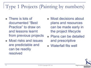 Type 1 Projects (Painting by numbers)
 There is lots of
documented “Best
Practice” to draw on
and lessons learnt
from previous projects
 Most risks and issues
are predictable and
can be readily
resolved
 Most decisions about
plans and resources
can be made early in
the project lifecycle
 Plans can be detailed
and prescriptive
 Waterfall fits well
© 2016 Copyright ISC Ltd.9
 