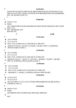 E4329/2012 
EFEITO DE ESTABELECIMENTO DE PROCEDIMENTOS DE CONTIGENCIA E DE 
CIRCULACAO VMC A BAIXA ALTITUDE NAS PROXIMIDADES DO AERODROMO. 
REF: AIP AD SBPA ITEM 2.22 
) 
E2060/2012 
B 26/06/12 17:55 
C PERM 
E 
AD - CONCENTRACAO DE PASSAROS NO CIRCUITO DE TRAFEGO E SECT APCH 
RWY 11/29 
REF: AIP-BRASIL AD 2 
ROTAER 3-P) 
ATM 
E3791/2014 
B 19/11/14 09:00 
C 27/11/14 23:59 
D NOV 19 TIL 24 0900-2359 25 1200-2200 26 27 0900-2359 
E 
SID RNAV EAGLE 1- JAUNT 1A- NACRE 1- QUARI 1 RWY 11. SUSPENSA 
APENAS SAIDA NACRE 1) 
E3790/2014 
B 19/11/14 09:00 
C 27/11/14 23:59 
D NOV 19 TIL 24 0900-2359 25 1200-2200 26 27 0900-2359 
E 
SID RNAV EAGLE 1 - JAUNT 1A - KEVUM 1 - KOGBO 1 - NACRE 1 - QUARI 1 
RWY 29. SUSPENSA APENAS SAIDA NACRE 1) 
E3789/2014 
B 19/11/14 09:00 
C 27/11/14 23:59 
D NOV 19 TIL 24 0900-2359 25 1200-2200 26 27 0900-2359 
E SID PORVU 1 - SAPMA 1. SUSPENSA APENAS TRNS NACRE) 
E3516/2014 
B 15/10/14 22:41 
C 15/12/14 23:59 
E 
IAC ILS Y RWY 11 CAT 2: LLZ U/S PARA PROCEDIMENTO DE ROLAGEM A 
PARTIR DA THR 11) 
E2139/2014 
B 24/06/14 18:20 
C PERM 
E 
SID MODIFICADO VIS MNM PARA DEP PARA 400M RVR 
REF: 
 