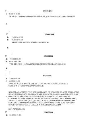 D3690/2014 
C 05/01/15 01:00 
E 
TWR RIO (TRAFEGO) FREQ 121.050MHZ HR SER MODIFICADO PARA 0800-0100 
) 
D3686/2014 
B 19/10/14 07:00 
C 05/01/15 01:00 
E 
ATIS HR SER MODIFICADO PARA 0700-0100 
) 
D3682/2014 
B 19/10/14 08:00 
C 05/01/15 01:00 
E 
TWR RIO FREQ 118.700MHZ HR SER MODIFICADO PARA 0800-0100 
) 
D3361/2014 
B 13/09/14 04:14 
C 10/12/14 23:59 
E 
APP RIO - NA AIP-BRASIL ENR 2.1.1, TMA RIO DE JANEIRO, ITEM 2.1.8, 
CORRIGIR O TEXTO PARA O QUE SEGUE: 
NAO SERAO ACEITOS PELO APP RIO PLANOS DE VOO AFIL DE ACFT DECOLANDO 
DE AD DESPROVIDOS DE ORGAOS ATS. TAIS ACFT, CASO PLANEJEM ADENTRAR 
OS ESPACOS AEREOS CONTROLADOS DE JURISDICAO DO APP RIO (CTA 
CURITIBA S-5, TMA RIO OU CTR RIO), DEVERAO APRESENTAR PLANO DE VOO, 
ANTES DA DEP, PARA QUALQUER SALA AIS DA FIR DE ORIGEM DO VOO. NO 
CONTATO COM O PRIMEIRO ORGAO ATC (TWR/APP), ESSAS ACFT DEVERAO 
REPORTAR O PREFIXO, O LOCAL E A HORA DA DECOLAGEM. 
REF: AIP ENR 2.1.1) 
D3197/2014 
B 03/09/14 19:29 
 