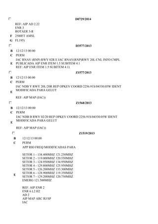 D0729/2014 
REF: AIP AD 2.22 
ENR 3 
ROTAER 3-R 
F 2500FT AMSL 
G FL195) 
D3577/2013 
B 12/12/13 00:00 
C PERM 
E 
IAC RNAV (RNP) RWY 02R E IAC RNAV(RNP)RWY 20L CNL INFO CMPL 
PUBLICADA AIP ENR ITEM 1.5 SUBITEM 4.1 
REF: AIP ENR ITEM 1.5 SUBITEM 4.1) 
Z1577/2013 
B 12/12/13 00:00 
C PERM 
E 
IAC NDB Y RWY 20L/20R REP OPKEV COORD 2256.91S/04330.05W IDENT 
MODIFICADA PARA GELUT 
REF: AIP MAP (IAC)) 
Z1568/2013 
B 12/12/13 00:00 
C PERM 
E 
IAC NDB B RWY 02/20 REP OPKEV COORD 2256.91S/04330.05W IDENT 
MODIFICADA PARA GELUT 
REF: AIP MAP (IAC)) 
Z1519/2013 
B 12/12/13 00:00 
C PERM 
E 
APP RIO FREQ MODIFICADAS PARA 
SETOR 1 - 134.400MHZ 121.250MHZ 
SETOR 2 - 119.000MHZ 120.550MHZ 
SETOR 3 - 124.950MHZ 134.950MHZ 
SETOR 4 - 129.800MHZ 125.950MHZ 
SETOR 5 - 126.200MHZ 133.300MHZ 
SETOR 6 - 128.900MHZ 119.350MHZ 
SETOR 7 - 129.200MHZ 120.750MHZ 
EMERG 121.500MHZ 
REF: AIP ENR 2 
ENR 6 L2 H2 
AD 2 
AIP MAP ARC RJ/SP 
IAC 
 