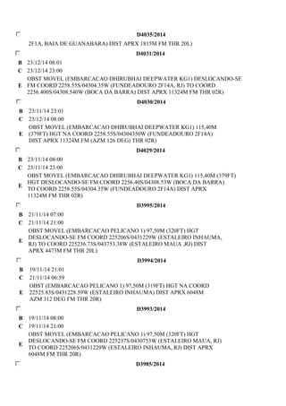D4035/2014 
2F1A, BAIA DE GUANABARA) DIST APRX 1815M FM THR 20L) 
D4031/2014 
B 23/12/14 08:01 
C 23/12/14 23:00 
E 
OBST MOVEL (EMBARCACAO DHIRUBHAI DEEPWATER KG1) DESLOCANDO-SE 
FM COORD 2258.55S/04304.35W (FUNDEADOURO 2F14A, RJ) TO COORD 
2256.400S/04308.540W (BOCA DA BARRA) DIST APRX 11324M FM THR 02R) 
D4030/2014 
B 23/11/14 23:01 
C 23/12/14 08:00 
E 
OBST MOVEL (EMBARCACAO DHIRUBHAI DEEPWATER KG1) 115,40M 
(379FT) HGT NA COORD 2258.55S/04304350W (FUNDEADOURO 2F14A) 
DIST APRX 11324M FM (AZM 126 DEG) THR 02R) 
D4029/2014 
B 23/11/14 08:00 
C 23/11/14 23:00 
E 
OBST MOVEL (EMBARCACAO DHIRUBHAI DEEPWATER KG1) 115,40M (379FT) 
HGT DESLOCANDO-SE FM COORD 2256.40S/04308.53W (BOCA DA BARRA) 
TO COORD 2258.55S/04304.35W (FUNDEADOURO 2F14A) DIST APRX 
11324M FM THR 02R) 
D3995/2014 
B 21/11/14 07:00 
C 21/11/14 21:00 
E 
OBST MOVEL (EMBARCACAO PELICANO 1) 97,50M (320FT) HGT 
DESLOCANDO-SE FM COORD 225206S/0431229W (ESTALEIRO INHAUMA, 
RJ) TO COORD 225236.73S/043753.38W (ESTALEIRO MAUA ,RJ) DIST 
APRX 4473M FM THR 20L) 
D3994/2014 
B 19/11/14 21:01 
C 21/11/14 06:59 
E 
OBST (EMBARCACAO PELICANO 1) 97,50M (319FT) HGT NA COORD 
22525.83S/0431228.59W (ESTALEIRO INHAUMA) DIST APRX 6048M 
AZM 312 DEG FM THR 20R) 
D3993/2014 
B 19/11/14 08:00 
C 19/11/14 21:00 
E 
OBST MOVEL (EMBARCACAO PELICANO 1) 97,50M (320FT) HGT 
DESLOCANDO-SE FM COORD 225237S/0430753W (ESTALEIRO MAUA, RJ) 
TO COORD 225206S/0431229W (ESTALEIRO INHAUMA, RJ) DIST APRX 
6048M FM THR 20R) 
D3985/2014 
 