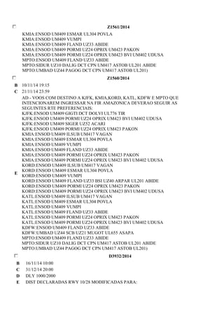 Z1561/2014 
KMIA:ENSOD UM409 ESMAR UL304 POVLA 
KMIA:ENSOD UM409 VUMPI 
KMIA:ENSOD UM409 FLAND UZ33 ABIDE 
KMIA:ENSOD UM409 PORMI UZ24 OPRIX UM423 PAKON 
KMIA:ENSOD UM409 PORMI UZ24 OPRIX UM423 BVI UM402 UDUSA 
MPTO:ENSOD UM409 FLAND UZ33 ABIDE 
MPTO:SIDUR UZ10 DALIG DCT CPN UM417 ASTOB UL201 ABIDE 
MPTO:UMBAD UZ44 PAGOG DCT CPN UM417 ASTOB UL201) 
Z1560/2014 
B 10/11/14 19:15 
C 21/11/14 23:59 
E 
AD - VOOS COM DESTINO A KJFK, KMIA,KORD, KATL, KDFW E MPTO QUE 
INTENCIONAREM INGRESSAR NA FIR AMAZONICA DEVERAO SEGUIR AS 
SEGUINTES RTE PREFERENCIAIS: 
KJFK:ENSOD UM409 GIGTI DCT DOLVI UL776 TIR 
KJFK:ENSOD UM409 PORMI UZ24 OPRIX UM423 BVI UM402 UDUSA 
KJFK:ENSOD UM409 SIGER UZ52 ACARI 
KJFK:ENSOD UM409 PORMI UZ24 OPRIX UM423 PAKON 
KMIA:ENSOD UM409 ILSUB UM417 VAGAN 
KMIA:ENSOD UM409 ESMAR UL304 POVLA 
KMIA:ENSOD UM409 VUMPI 
KMIA:ENSOD UM409 FLAND UZ33 ABIDE 
KMIA:ENSOD UM409 PORMI UZ24 OPRIX UM423 PAKON 
KMIA:ENSOD UM409 PORMI UZ24 OPRIX UM423 BVI UM402 UDUSA 
KORD:ENSOD UM409 ILSUB UM417 VAGAN 
KORD:ENSOD UM409 ESMAR UL304 POVLA 
KORD:ENSOD UM409 VUMPI 
KORD:ENSOD UM409 FLAND UZ33 BSI UZ40 ARPAR UL201 ABIDE 
KORD:ENSOD UM409 PORMI UZ24 OPRIX UM423 PAKON 
KORD:ENSOD UM409 PORMI UZ24 OPRIX UM423 BVI UM402 UDUSA 
KATL:ENSOD UM409 ILSUB UM417 VAGAN 
KATL:ENSOD UM409 ESMAR UL304 POVLA 
KATL:ENSOD UM409 VUMPI 
KATL:ENSOD UM409 FLAND UZ33 ABIDE 
KATL:ENSOD UM409 PORMI UZ24 OPRIX UM423 PAKON 
KATL:ENSOD UM409 PORMI UZ24 OPRIX UM423 BVI UM402 UDUSA 
KDFW:ENSOD UM409 FLAND UZ33 ABIDE 
KDFW:UMBAD UZ44 SCB UZ21 MUGOT UL655 ASAPA 
MPTO:ENSOD UM409 FLAND UZ33 ABIDE 
MPTO:SIDUR UZ10 DALIG DCT CPN UM417 ASTOB UL201 ABIDE 
MPTO:UMBAD UZ44 PAGOG DCT CPN UM417 ASTOB UL201) 
D3932/2014 
B 16/11/14 10:00 
C 31/12/14 20:00 
D DLY 1000/2000 
E DIST DECLARADAS RWY 10/28 MODIFICADAS PARA: 
 