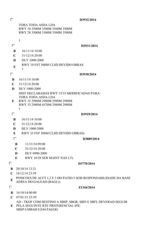 D3932/2014 
TORA TODA ASDA LDA 
RWY 10 3500M 3500M 3560M 3500M 
RWY 28 3500M 3500M 3500M 3500M 
) 
D3931/2014 
B 16/11/14 10:00 
C 31/12/14 20:00 
D DLY 1000-2000 
E 
RWY 10 FST 500M CLSD DEVIDO OBRAS 
) 
D3930/2014 
B 16/11/14 10:00 
C 31/12/14 20:00 
D DLY 1000-2000 
E 
DIST DECLARADAS RWY 15/33 MODIFICADAS PARA: 
TORA TODA ASDA LDA 
RWY 15 2980M 2980M 2980M 2980M 
RWY 33 2980M 4570M 2980M 2980M 
) 
D3929/2014 
B 16/11/14 10:00 
C 31/12/14 20:00 
D DLY 1000-2000 
E RWY 33 FST 200M CLSD DEVIDO OBRAS) 
D3889/2014 
B 11/11/14 09:00 
C 31/12/14 20:00 
D DLY 0900-2000 
E RWY 10/28 SER MAINT NAS LT) 
D3770/2014 
B 20/10/14 13:21 
C 18/12/14 23:59 
E 
POSICOES DE ACFT 1,2 E 3 DO PATIO 5 SOB RESPONSABILIDADE DA BASE 
AEREA DO GALEAO (BAGL)) 
Z1344/2014 
B 16/10/14 00:00 
C 07/01/15 23:59 
E 
AD - TKOF COM DESTINO A SBSP, SBGR, SBFI E SBFL DEVERAO SEGUIR 
PELA SEGUINTE RTE PREFERENCIAL IFR: 
SBSP:UMBAD UZ44 PAGOG 
 