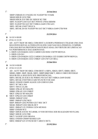 Z1344/2014 
SBSP:UMBAD Z11 PAGOG OU NAXOP W6 VUKIK 
SBGR:SIDUR UZ10 TBE 
SBGR:SIDUR Z10 TBE OU SIDUR W2 TBE 
SBFI: NAXOP UZ45 SAT DCT PONTE UW66 DIDOM 
SBFI: NAXOP W6 SAT DCT NIBGA G449 CTB A431 
SBFL: BITAK UN857 DEUCA 
SBFL: BITAK Z4 OU NAXOP W6 SAT DCT NIBGA G449 CTB W48 
) 
Z1339/2014 
B 16/10/14 00:00 
C 07/01/15 23:59 
E 
AD - ACFT TKOF DE SBGL COM DEST A EUROPA PODERAO UTILIZAR UMA DAS 
SEGUINTES ROTAS ALTERNATIVAS IFR CASO NAO SEJA POSSIVEL CUMPRIR 
UMA DAS ROTAS PREFERENCIAIS PUBLICADAS, EM VIRTUDE DE LIMITACAO 
NA PERFORMANCE DAS AERONAVES: 
1- ISRIN UZ4 DAKDA UZ22 CARDO UZ4 ISIXU UM799 MOVGA 
2- ISRIN UZ4 SLI 
3- ISRIN UZ4 DAKDA UZ22 CARDO UZ4 BARKA UZ5 EGBIR UM799 MOVGA 
4- ISRIN UZ4 DAKDA UZ22 UMKIT UZ4 CNF UZ3 BEL) 
Z1266/2014 
B 16/10/14 00:00 
C 07/01/15 23:59 
E 
AD - ACFT TKOF DE SBGL COM DEST A SBPA, SBGO, SBVT, SBBH, SBCF, 
SBMO, SBRF, SBJP, SBAR, SBSV, SBRP,SBKP,SBCT, SBEG E SBFZ DEVERAO 
SEGUIR PELA SEGUINTE RTE PREFERENCIAL: 
SBPA: BITAK Z4 JUICE OU PORNA W6 SAT DCT NIBGA G449 DAISE 
SBPA: BITAK UN857DEUCADCTFLNUW19 OCASO 
SBGO: ENSOD UM409 ALGOX UZ8 CORVO UZ46 
SBVT: W7 MCA W6 
SBVT: TISVA UL206 
SBBH: EPKAX W8 MALPO 
SBBH: EPKAX UZ4 UMKIT 
SBCF: EPKAX W8 MALPO 
SBCF: EPKAX UZ4 UMKIT 
SBMO: IMBAP UZ42 
SBRF: IMBAP UZ42 MCE 
SBJP: IMBAP UZ42 POTRO UZ17 REC DCT 
SBAR: IMBAP UZ42 SIKUK DCT 
SBSV: IMBAP UZ1 FERMA UZ36 MUMAS 
SBRP: ENSOD W32 
SBKP: SIDUR Z10 OU W2 (RMK: O VOO DEVERA SER REALIZADO NO FL240) 
SBKP: SIDUR UZ10 TBE 
SBCT: NAXOP UZ45 ORANA 
SBEG: ENSOD UM409 MAMGI UZ9 
SBFZ: IMBAP UZ1 EVNUM DCT ABUCU DCT) 
Z1192/2014 
 