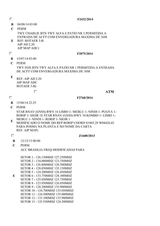 F2432/2014 
B 04/08/14 03:00 
C PERM 
E 
TWY CHARLIE BTN TWY ALFA E PATIO NR 2 PERMITIDA A 
ENTRADA DE ACFT COM ENVERGADURA MAXIMA DE 36M 
REF: ROTAER 3-B 
AIP AD 2.20 
AIP MAP ADC) 
F2075/2014 
B 15/07/14 03:00 
C PERM 
E 
TWY FOX BTN TWY ALFA E PATIO NR 1 PERMITIDA A ENTRADA 
DE ACFT COM ENVERGADURA MAXIMA DE 36M 
REF: AIP AD 2.20 
AIP MAP ADC 
ROTAER 3-B) 
ATM 
F2768/2014 
B 15/08/14 22:25 
C PERM 
E 
STAR RNAV (GNSS) RWY 16 LISBO 1- MEBLU 1- NINDI 1- PUGVA 1- 
RORIP 1- SIGIR 1E STAR RNAV (GNSS) RWY 34 KOMBO 1- LISBO 1- 
MEBLU 1- NINDI 1- RORIP 1- SIGIR 1 
MODIFICADO O NOME DO REP RORIP COORD S1803.28 W04426.03 
PARA POSMA NA PLANTA E NO NOME DA CARTA 
REF: AIP MAP) 
Z1600/2013 
B 12/12/13 00:00 
C PERM 
E 
ACC BRASILIA FREQ MODIFICADAS PARA 
SETOR 1 - 126.150MHZ 127.250MHZ 
SETOR 2 - 134.000MHZ 123.350MHZ 
SETOR 3 - 126.800MHZ 128.500MHZ 
SETOR 4 - 128.050MHZ 135.150MHZ 
SETOR 5 - 124.200MHZ 126.450MHZ 
SETOR 6 - 133.750MHZ 128.300MHZ 
SETOR 7 - 125.050MHZ 123.750MHZ 
SETOR 8 - 123.950MHZ 126.050MHZ 
SETOR 9 - 128.200MHZ 135.900MHZ 
SETOR 10 - 124.700MHZ 133.050MHZ 
SETOR 11 - 124.500MHZ 135.000MHZ 
SETOR 12 - 133.100MHZ 133.900MHZ 
SETOR 13 - 125.550MHZ 124.300MHZ 
 