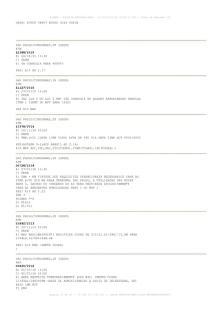 AISWEB - BOLETIM PERSONALIZADO - 01/05/2016 às 16:56:10 UTC - Total de Páginas: 49
página 13 de 49 :: IP 187.113.136.122 :: check 8DB0824C-EEC1-4050-ADF6B8690D22E907
SBPS: XUVUD UN857 KOVGO UZ45 VUKIK
SAO PAULO/CONGONHAS,SP (SBSP)
ATM
Z2368/2015
B) 26/08/15 19:34
C) PERM
E) TA CORRIGIR PARA 8000FT
REF: AIP AD 2.17
SAO PAULO/CONGONHAS,SP (SBSP)
ATM
Z1127/2015
B) 27/05/15 19:04
C) PERM
E) IAC ILS Y OU LOC Y RWY 35L CORRIGIR NO QUADRO APROXIMACAO PERDIDA
ITEM 1 IDENT DO WPT PARA ISISI
REF AIP MAP
SAO PAULO/CONGONHAS,SP (SBSP)
ATM
Z1578/2014
B) 20/11/14 00:00
C) PERM
E) TWR:D-CL (DATA LINK CLRD) AUTH DE TFC VIA DATA LINK ACT 0900-0200
REF:ROTAER 3-S;AIP BRASIL AD 2.18;
AIP MAP ADC,PDC,VAC,SID(TODAS),STAR(TODAS),IAC(TODAS).)
SAO PAULO/CONGONHAS,SP (SBSP)
ATM
D0728/2014
B) 27/02/14 13:35
C) PERM
E) TMA - EM VIRTUDE DOS REQUISITOS OPERACIONAIS NECESSARIOS PARA AS
STAR E/OU SID NA AREA TERMINAL SAO PAULO, A UTILIZACAO DAS ROTAS
RNAV 5, SAINDO OU CHEGANDO DO AD SERA DESTINADA EXCLUSIVAMENTE
PARA AS AERONAVES HOMOLOGADAS RNAV 1 OU RNP 1
REF: AIP AD 2.22
ENR 3
ROTAER 3-S
F) FL055
G) FL195)
SAO PAULO/CONGONHAS,SP (SBSP)
ATM
D3692/2013
B) 12/12/13 00:00
C) PERM
E) REP NADI(WAYPOINT) MODIFICAR COORD DE 235121.6S/0462720.4W PARA
234414.4S/0463444.4W
REF: AIP MAP (PARTE COORD)
)
SAO PAULO/CONGONHAS,SP (SBSP)
NAV
D0820/2016
B) 01/05/16 14:00
C) 01/05/16 20:00
E) AREA RESTRITA TEMPORARIAMENTE (OPS MIL) CENTRO COORD
233434S/0463908W (BASE DE ADMINISTRACAO E APOIO DO IBIRAPUERA, SP)
RAIO 1NM ACT
F) GND
 