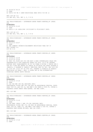 AISWEB - BOLETIM PERSONALIZADO - 01/05/2016 às 16:56:10 UTC - Total de Páginas: 49
página 16 de 49 :: IP 187.113.136.122 :: check 8DB0824C-EEC1-4050-ADF6B8690D22E907
B) 05/04/14 00:10
C) PERM
E) PATIO VIP NR 6 IDENT MODIFICADA PARA PATIO VIP NR 12
REF: AIP AD 2.8
AIP MAP ADC, PDC, GMC 1, 2, 3 E 4)
SAO PAULO/GUARULHOS - GOVERNADOR ANDRE FRANCO MONTORO,SP (SBGR)
AGA
D1165/2014
B) 04/04/14 21:45
C) PERM
E) PATIO K (6) ASPH/CONC 100/F/B/W/T E 85/R/B/W/T INSTL
REF: AIP AD 2.8
AIP MAP ADC, PDC, GMC 1, 2, 3 E 4)
SAO PAULO/GUARULHOS - GOVERNADOR ANDRE FRANCO MONTORO,SP (SBGR)
AGA
D3722/2013
B) 05/12/13 20:27
C) PERM
E) SER COMBATE INCENDIO/SALVAMENTO MODIFICADO PARA CAT 10
REF: ROTAER 3-S
AIP AD 2.6)
SAO PAULO/GUARULHOS - GOVERNADOR ANDRE FRANCO MONTORO,SP (SBGR)
ATM
Z1370/2016
B) 25/04/16 16:58
C) 22/07/16 23:59
E) PROC CTL FLUXO ACT FLT COM DEST A SBGR CONTEMPLADOS PELAS RTE
PREFERENCIAIS E RTE TRANSICAO AORRA VIA UZ10, Z10 E W2 DEVERAO
EFETUAR SEUS PLANEJAMENTOS DE FLT DE FORMA A EVITAR O TRECHO BTN O
VOR PAI E NDB TBE DENTRO DA JANELA DE ATIVACAO DAS AREAS XAVANTE A
(SBR431), E XAVANTE B (SBR421) PREVISTA, MON TIL FRI, DAS 1630 UTC
AS 2100 UTC (1530 UTC AS 2000 UTC, DURANTE A VIGENCIA DO HORARIO
BRASILEIRO DE VERAO - HBV). E AINDA OBS AS RTE ALTERNATIVAS
SUGERIDAS DENTRO DESTE PERIODO
SAO PAULO/GUARULHOS - GOVERNADOR ANDRE FRANCO MONTORO,SP (SBGR)
ATM
Z1354/2016
B) 20/04/16 17:18
C) PERM
E) IAP VOR RWY 09R CNL SEGUINTE INFO:
APROXIMACAO VISUAL RWY 09L: EM CASO DE APROXIMACAO PERDIDA, SUBIR
PARA 7000 FT, QDR 090 IG, GRD MNM 5 POR CENTO A 5000 FT, CURVAR A
ESQUERDA DIRETO MARPU PARA ESPERA. IAS MAX 230KT.
REF: AIP MAP
SAO PAULO/GUARULHOS - GOVERNADOR ANDRE FRANCO MONTORO,SP (SBGR)
ATM
Z1353/2016
B) 20/04/16 17:16
C) PERM
E) IAP RNAV (GNSS) Y RWY 27R CNL SEGUINTE INFO:
APROXIMACAO VISUAL RWY 27L: EM CASO DE APROXIMACAO PERDIDA, SUBIR
PARA 7000 FT, RUMO 275, GRD MNM 5 POR CENTO A 3300 FT, CURVAR A
ESQUERDA PARA ESPERA EM RAFA. MAX IAS 230KT.
REF: AIP MAP
SAO PAULO/GUARULHOS - GOVERNADOR ANDRE FRANCO MONTORO,SP (SBGR)
ATM
Z1352/2016
B) 20/04/16 17:14
C) PERM
 