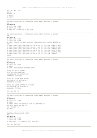 AISWEB - BOLETIM PERSONALIZADO - 01/05/2016 às 16:56:10 UTC - Total de Páginas: 49
página 24 de 49 :: IP 187.113.136.122 :: check 8DB0824C-EEC1-4050-ADF6B8690D22E907
REF: AIP AD 2.22
ENR 3
ROTAER 3-S
F) FL055
G) FL195)
SAO PAULO/GUARULHOS - GOVERNADOR ANDRE FRANCO MONTORO,SP (SBGR)
CNS
D0411/2016
B) 03/03/16 00:29
C) 29/05/16 23:00
E) DME BCO CH107X U/S NA RDL 098
SAO PAULO/GUARULHOS - GOVERNADOR ANDRE FRANCO MONTORO,SP (SBGR)
OTR
D0379/2016
B) 02/03/16 09:02
C) 22/05/16 20:29
E) OBST (GRUAS) NEG LGTD MONTADO (GUARULHOS, SP) SOMENTE QUANDO AD
VMC:
1) NAS COORD 232629.08S/0462942.28W - ALT OTP 757.44M (2485FT) AMSL
2) NAS COORD 232628.07S/0462942.13W - ALT OTP 757.00M (2484FT) AMSL
3) NAS COORD 232626.09S/0462941.82W - ALT OTP 756.83M (2483FT) AMSL
4) NAS COORD 232616.06S/O462940.23W - ALT OTP 753.00M (2470FT) AMSL
5) NAS COORD 232613.08S/0462939.77W - ALT OTP 752.00M (2468FT) AMSL
6) NAS COORD 232612.07S/0462939.62W - ALT OTP 752.50M (2469FT)
AMSL)
SAO PAULO/GUARULHOS - GOVERNADOR ANDRE FRANCO MONTORO,SP (SBGR)
OTR
Z1377/2015
B) 25/06/15 20:10
C) PERM
E) AIS - AIP INSERIR SEGUINTE INFO:
PATIO MIL NR 07 (TOTAL)
TIPO DE PISO ASPH/CONC
RESISTENCIA PCN 32/R/B/W/T
DIMENSOES 132X115M
PATIO MIL OESTE (ETA 4/CAN)
RESITENCIA PCN 32/R/B/W/T
DIMENSOES 55X115M
PATIO MIL LESTE (SECAO DE LAVAGEM)
RESISTENCIA PCN 65/R/B/W/T
DIMENSOES 77X115M
REF: AIP AD 2.8
SAO PAULO/GUARULHOS - GOVERNADOR ANDRE FRANCO MONTORO,SP (SBGR)
OTR
D1397/2011
B) 13/07/11 03:14
C) PERM
E) OBST (GRUPO DE ARVORES) ELEV 802.82M AZM 093
DEG DIST 6667M DA THR 09L
REF: ROTAER 3-S
AIP AD2)
CAMPINAS/VIRACOPOS,SP (SBKP)
AGA
D0574/2016
B) 23/03/16 00:46
C) 20/05/16 23:59
E) PAPI RWY 33 - CORRIGIR MEHT PARA 65FT
REF: AIP MAP ADC
 