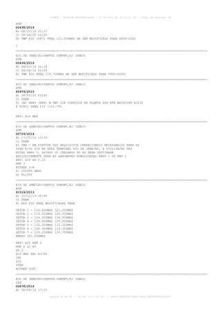 AISWEB - BOLETIM PERSONALIZADO - 01/05/2016 às 16:56:10 UTC - Total de Páginas: 49
página 33 de 49 :: IP 187.113.136.122 :: check 8DB0824C-EEC1-4050-ADF6B8690D22E907
ATM
D0438/2016
B) 08/03/16 22:27
C) 04/06/16 02:00
E) TWR RIO (TFC) FREQ 121.050MHZ HR SER MODIFICADO PARA 0850-0200
)
RIO DE JANEIRO/SANTOS DUMONT,RJ (SBRJ)
ATM
D0436/2016
B) 08/03/16 22:18
C) 04/06/16 02:00
E) TWR RIO FREQ 118.700MHZ HR SER MODIFICADO PARA 0900-0200)
RIO DE JANEIRO/SANTOS DUMONT,RJ (SBRJ)
ATM
Z0974/2015
B) 28/05/15 03:00
C) PERM
E) IAC RNAV (RNP) W RWY 02R CORRIGIR NA PLANTA HDG BTN WAYPOINT RJ032
E RJ801 PARA 133 (110.7T)
REF: AIP MAP
RIO DE JANEIRO/SANTOS DUMONT,RJ (SBRJ)
ATM
D0729/2014
B) 27/02/14 13:39
C) PERM
E) TMA - EM VIRTUDE DOS REQUISITOS OPERACIONAIS NECESSARIOS PARA AS
STAR E/OU SID NA AREA TERMINAL RIO DE JANEIRO, A UTILIZACAO DAS
ROTAS RNAV 5, SAINDO OU CHEGANDO DO AD SERA DESTINADA
EXCLUSIVAMENTE PARA AS AERONAVES HOMOLOGADAS RNAV 1 OU RNP 1
REF: AIP AD 2.22
ENR 3
ROTAER 3-R
F) 2500FT AMSL
G) FL195)
RIO DE JANEIRO/SANTOS DUMONT,RJ (SBRJ)
ATM
Z1519/2013
B) 12/12/13 00:00
C) PERM
E) APP RIO FREQ MODIFICADAS PARA
SETOR 1 - 134.400MHZ 121.250MHZ
SETOR 2 - 119.000MHZ 120.550MHZ
SETOR 3 - 124.950MHZ 134.950MHZ
SETOR 4 - 129.800MHZ 125.950MHZ
SETOR 5 - 126.200MHZ 133.300MHZ
SETOR 6 - 128.900MHZ 119.350MHZ
SETOR 7 - 129.200MHZ 120.750MHZ
EMERG 121.500MHZ
REF: AIP ENR 2
ENR 6 L2 H2
AD 2
AIP MAP ARC RJ/SP
IAC
SID
STAR
ROTAER 3-R)
RIO DE JANEIRO/SANTOS DUMONT,RJ (SBRJ)
CNS
D0678/2016
B) 06/04/16 17:11
 