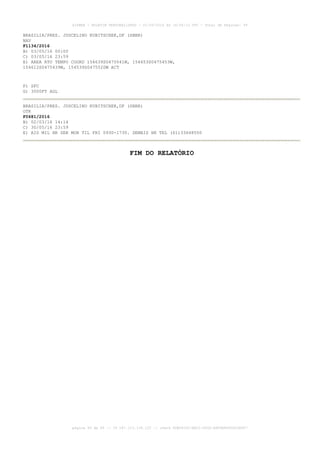 AISWEB - BOLETIM PERSONALIZADO - 01/05/2016 às 16:56:10 UTC - Total de Páginas: 49
página 49 de 49 :: IP 187.113.136.122 :: check 8DB0824C-EEC1-4050-ADF6B8690D22E907
BRASILIA/PRES. JUSCELINO KUBITSCHEK,DF (SBBR)
NAV
F1134/2016
B) 03/05/16 00:00
C) 03/05/16 23:59
E) AREA RTO TEMPO COORD 154639S0475541W, 154653S0475453W,
154612S0475439W, 154539S0475520W ACT
F) SFC
G) 3000FT AGL
BRASILIA/PRES. JUSCELINO KUBITSCHEK,DF (SBBR)
OTR
F0681/2016
B) 02/03/16 14:14
C) 30/05/16 23:59
E) AIS MIL HR SER MON TIL FRI 0930-1730. DEMAIS HR TEL (61)33648550
FIM DO RELATÓRIO
 