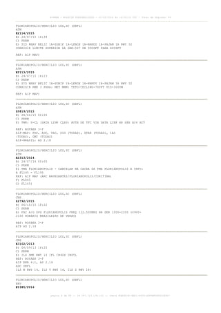 AISWEB - BOLETIM PERSONALIZADO - 01/05/2016 às 16:56:10 UTC - Total de Páginas: 49
página 6 de 49 :: IP 187.113.136.122 :: check 8DB0824C-EEC1-4050-ADF6B8690D22E907
FLORIANOPOLIS/HERCILIO LUZ,SC (SBFL)
ATM
E2114/2015
B) 24/07/15 14:39
C) PERM
E) SID RNAV BELIC 1A-EGBIP 1A-LENOX 1A-NANDU 1A-PAJAM 1A RWY 32
CORRIGIR LIMITE SUPERIOR DA SBR-537 DE 3000FT PARA 4000FT
REF: AIP MAP)
FLORIANOPOLIS/HERCILIO LUZ,SC (SBFL)
ATM
E2113/2015
B) 24/07/15 14:23
C) PERM
E) SID RNAV BELIC 1A-EGBIP 1A-LENOX 1A-NANDU 1A-PAJAM 1A RWY 32
CORRIGIR RMK 3 PARA: MET MNM: TETO/CEILING-700FT VIS-3000M
REF: AIP MAP)
FLORIANOPOLIS/HERCILIO LUZ,SC (SBFL)
ATM
Z0819/2015
B) 28/04/15 00:00
C) PERM
E) TWR: D-CL (DATA LINK CLRD) AUTH DE TFC VIA DATA LINK HR SER H24 ACT
REF: ROTAER 3-F
AIP-MAP: PDC, ADC, VAC, SID (TODAS), STAR (TODAS), IAC
(TODAS), GMC (TODAS)
AIP-BRASIL: AD 2.18
FLORIANOPOLIS/HERCILIO LUZ,SC (SBFL)
ATM
E2313/2014
B) 24/07/14 00:00
C) PERM
E) TMA FLORIANOPOLIS - CANCELAR NA CAIXA DA TMA FLORIANOPOLIS A INFO:
A FL145 - FL195
REF: AIP MAP (ARC NAVEGANTES/FLORIANOPOLIS/CURITIBA)
F) FL065
G) FL145)
FLORIANOPOLIS/HERCILIO LUZ,SC (SBFL)
CNS
Z2792/2015
B) 06/10/15 18:22
C) PERM
E) FAC A/G OPS FLORIANOPOLIS FREQ 122.500MHZ HR SER 1000-2200 (0900-
2100 HORARIO BRASILEIRO DE VERAO)
REF: ROTAER 3-F
AIP AD 2.18
FLORIANOPOLIS/HERCILIO LUZ,SC (SBFL)
CNS
E3102/2013
B) 06/09/13 18:20
C) PERM
E) ILS DME RWY 14 IFL CH40X INSTL
REF: ROTAER 3-F
AIP ENR 4.1, AD 2.19
ADC SBFL
ILS W RWY 14, ILS T RWY 14, ILS Z RWY 14)
FLORIANOPOLIS/HERCILIO LUZ,SC (SBFL)
NAV
E1385/2016
 