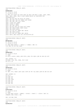 AISWEB - BOLETIM PERSONALIZADO - 01/05/2016 às 16:56:10 UTC - Total de Páginas: 49
página 8 de 49 :: IP 187.113.136.122 :: check 8DB0824C-EEC1-4050-ADF6B8690D22E907
CURITIBA/AFONSO PENA,PR (SBCT)
ATM
Z1284/2016
B) 12/04/16 19:40
C) 22/06/16 23:59
E) PROC CTL FLUXO ACT ACFT TKOF DE SBCT COM DEST A SBGL, SBCF, SBKP,
SBSP, SBRJ, SBGR, SBSJ E SBCX DEVEM SEGUIR AS SEGUINTES RTE
PREFERENCIAIS:
SBGL: PNG W26 RDE DCT EKIDI W7 ESORU
SBGL: PNG UW47 RDE DCT GENKO UZ42 ESORU
SBCF: PNG UW47 RDE UZ23 OPKES
SBKP: ILSUM UZ25 OBMAV
SBKP: ILSUM Z7 OBMAV
SBSP: PNG UW47 NEGUS
SBRJ: PNG W26 RDE DCT DORLU W53 VUREP
SBRJ: PNG UM548 RONUT UM400 KOLBI
SBGR: PNG UM548 ANISE
SBGR: DCT PNG DCT IMBEK UW21 ANISE
SBSJ: PNG UM548 ANISE
SBSJ: DCT PNG DCT IMBEK UW21 ANISE
SBCX: NAFIL UW24 OCASO DCT 2907S05037W DCT
CURITIBA/AFONSO PENA,PR (SBCT)
ATM
E0769/2016
B) 08/03/16 00:00
C) 29/05/16 23:59
E) STAR RNAV BROCK 1 - MORLU 1 - ORANA 1 RWY 33:
1)FL MAX 200 NA PSN CLARO
CURITIBA/AFONSO PENA,PR (SBCT)
ATM
Z2284/2015
B) 23/08/15 00:00
C) PERM
E) ATIS: D-ATIS (DATA LINK ATIS) AVBL VIA DATA LINK HR SER H24 ACT
REF: ROTAER: 3-C
AIP-MAP: SID, IAC, STAR, PDC E ADC
AIP AD 2.18
CURITIBA/AFONSO PENA,PR (SBCT)
ATM
Z2236/2015
B) 23/08/15 00:00
C) PERM
E) TWR: D-CL (DATA LINK CLRD) AUTH DE TFC VIA DATA LINK HR SER H24 ACT
REF: ROTAER 3-C
AIP AD 2
AIP MAP SID
AIP MAP IAC
AIP MAP STAR
AIP MAP PDC
AIP MAP ADC
AIP MAP VAC
CURITIBA/AFONSO PENA,PR (SBCT)
ATM
Z1307/2015
B) 18/06/15 20:54
C) PERM
E) STAR RNAV ALVOX1 - AMERO1 - NITGO1 - PAKOV 1 - SIDOX 1 RWY 33:
SOMENTE STAR SIDOX 1 CNL
REF: AIP-MAP STAR
CURITIBA/AFONSO PENA,PR (SBCT)
ATM
Z1306/2015
 