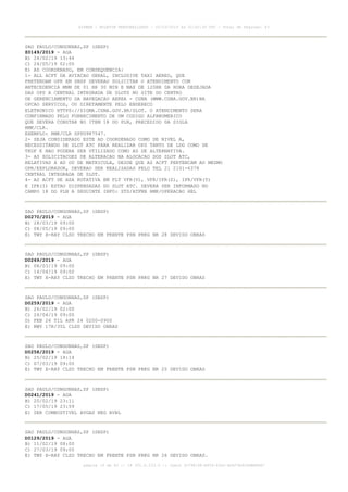 SAO PAULO/CONGONHAS,SP (SBSP)
Z0149/2019 - AGA
B) 24/02/19 13:44
C) 24/05/19 02:00
E) AD COORDENADO, EM CONSEQUENCIA:
1- ALL ACFT DA AVIACAO GERAL, INCLUSIVE TAXI AEREO, QUE
PRETENDAM OPR EM SBSP DEVERAO SOLICITAR O ATENDIMENTO COM
ANTECEDENCIA MNM DE 01 HR 30 MIN E MAX DE 120HR DA HORA DESEJADA
DAS OPS A CENTRAL INTEGRADA DE SLOTS NO SITE DO CENTRO
DE GERENCIAMENTO DA NAVEGACAO AEREA - CGNA (WWW.CGNA.GOV.BR)NA
OPCAO SERVICOS, OU DIRETAMENTE PELO ENDERECO
ELETRONICO HTTPS://SIGMA.CGNA.GOV.BR/SLOT. O ATENDIMENTO SERA
CONFIRMADO PELO FORNECIMENTO DE UM CODIGO ALFANUMERICO
QUE DEVERA CONSTAR NO ITEM 18 DO PLN, PRECEDIDO DA SIGLA
RMK/CLR.
EXEMPLO: RMK/CLR SPPG987547.
2- SEJA CONSIDERADO ESTE AD COORDENADO COMO DE NIVEL A,
NECESSITANDO DE SLOT ATC PARA REALIZAR OPS TANTO DE LDG COMO DE
TKOF E NAO PODERA SER UTILIZADO COMO AD DE ALTERNATIVA.
3- AS SOLICITACOES DE ALTERACAO NA ALOCACAO DOS SLOT ATC,
RELATIVAS A AD OU DE MATRICULA, DESDE QUE AS ACFT PERTENCAM AO MESMO
OPR/EXPLORADOR, DEVERAO SER REALIZADAS PELO TEL 21 2101-6378
CENTRAL INTEGRADA DE SLOT.
4- AS ACFT DE ASA ROTATIVA EM FLT VFR(V), VFR/IFR(Z), IFR/VFR(Y)
E IFR(I) ESTAO DISPENSADAS DO SLOT ATC. DEVERA SER INFORMADO NO
CAMPO 18 DO PLN A SEGUINTE INFO: STS/ATFMX RMK/OPERACAO HEL
SAO PAULO/CONGONHAS,SP (SBSP)
D0270/2019 - AGA
B) 28/03/19 09:00
C) 08/05/19 09:00
E) TWY X-RAY CLSD TRECHO EM FRENTE PSN PRKG NR 28 DEVIDO OBRAS
SAO PAULO/CONGONHAS,SP (SBSP)
D0269/2019 - AGA
B) 08/03/19 09:00
C) 14/04/19 09:00
E) TWY X-RAY CLSD TRECHO EM FRENTE PSN PRKG NR 27 DEVIDO OBRAS
SAO PAULO/CONGONHAS,SP (SBSP)
D0259/2019 - AGA
B) 26/02/19 02:00
C) 24/04/19 09:00
D) FEB 26 TIL APR 24 0200-0900
E) RWY 17R/35L CLSD DEVIDO OBRAS
SAO PAULO/CONGONHAS,SP (SBSP)
D0258/2019 - AGA
B) 25/02/19 14:14
C) 07/03/19 09:00
E) TWY X-RAY CLSD TRECHO EM FRENTE PSN PRKG NR 25 DEVIDO OBRAS
SAO PAULO/CONGONHAS,SP (SBSP)
D0241/2019 - AGA
B) 20/02/19 23:11
C) 17/05/19 23:59
E) SER COMBUSTIVEL AVGAS NEG AVBL
SAO PAULO/CONGONHAS,SP (SBSP)
D0129/2019 - AGA
B) 11/02/19 08:00
C) 27/03/19 09:00
E) TWY X-RAY CLSD TRECHO EM FRENTE PSN PRKG NR 26 DEVIDO OBRAS.
AISWEB - BOLETIM PERSONALIZADO - 02/03/2019 às 02:42:30 UTC - Total de Páginas: 43
página 16 de 43 :: IP 201.6.233.0 :: check 3C798198-E456-40DC-BCA70A929DBB88A7
 