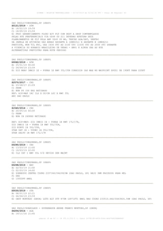 SAO PAULO/CONGONHAS,SP (SBSP)
Z0121/2019 - ATM
B) 18/02/19 19:59
C) 18/05/19 23:59
E) PROC GERENCIAMENTO FLUXO ACT FLT COM DEST A SBSP COMTEMPLADOS
PELAS RTE PREFERENCIAIS VIA UZ44 OU Z11 DEVERAO EFETUAR SEUS
PLANEJAMENTOS DE FLT PELA AWY UZ45 OU W6, TRECHO ADA/SAT, DENTRO
DA JANELA DE ATIVACAO DAS AREAS XAVANTE A (SBR431) E XAVANTE B (SBR421)
PREVISTA, MON TIL FRI, DAS 1630 UTC AS 2100 UTC (1530 UTC AS 2000 UTC DURANTE
A VIGENCIA DO HORARIO BRASILEIRO DE VERAO - HBV) E AINDA OBS AS RTE
ALTERNATIVAS PREVISTAS PARA ESTE PERIODO
SAO PAULO/CONGONHAS,SP (SBSP)
D0062/2019 - ATM
B) 25/01/19 00:00
C) 24/04/19 23:59
E) SID RNAV IMBID 1E - PUKRA 1E RWY 35L/35R CORRIGIR IAS MAX NO WAYPOINT SP001 DE 190KT PARA 220KT
SAO PAULO/CONGONHAS,SP (SBSP)
Z2570/2017 - CNS
B) 23/08/17 21:09
C) PERM
E) NDB PP 330 KHZ RETIRADO
REF: AIP-MAP IAC ILS X OU/OR LOC X RWY 35L
ARC SAO PAULO
SAO PAULO/CONGONHAS,SP (SBSP)
Z1540/2016 - CNS
B) 20/05/16 00:00
C) PERM
E) NDB IB 240KHZ RETIRADO
REF: AIP-MAP: SID IMBID 1B - PUKRA 1B RWY 17L/17R,
SID IMBID 1B - PUKRA 1B RWY 35L/35R,
SID NINVU 1B 35L/35R,
STAR SAT 1B - VUDBU 1B 35L/35R,
STAR SALTU 1B RWY 17L/17R
SAO PAULO/CONGONHAS,SP (SBSP)
D0290/2019 - CNS
B) 13/03/19 11:00
C) 14/03/19 22:00
E) ILS CAT I RWY 35L U/S DEVIDO SER MAINT
SAO PAULO/CONGONHAS,SP (SBSP)
D0298/2019 - NAV
B) 02/03/19 11:00
C) 02/03/19 14:00
E) SOBREVOO CENTRO COORD 233734S/0463923W (SAO PAULO, SP) RAIO 3NM PROIBIDO PARA HEL
F) GND
G) 10000FT AMSL
SAO PAULO/CONGONHAS,SP (SBSP)
D0030/2019 - OTR
B) 08/01/19 22:21
C) 06/04/19 23:59
E) OBST MONTADO (GRUA) LGTD ALT OTP 875M (2871FT) AMSL NAS COORD 233510.66S/0463824.34W (SAO PAULO, SP)
SAO PAULO/GUARULHOS - GOVERNADOR ANDRE FRANCO MONTORO,SP (SBGR)
Z4256/2016 - AGA
B) 14/11/16 11:45
AISWEB - BOLETIM PERSONALIZADO - 02/03/2019 às 02:42:30 UTC - Total de Páginas: 43
página 18 de 43 :: IP 201.6.233.0 :: check 3C798198-E456-40DC-BCA70A929DBB88A7
 