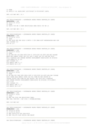 C) PERM
E) PATIO K (6) ASPH/CONC 100/F/B/W/T E 85/R/B/W/T INSTL
REF: AIP MAP GMC 1 E 2
SAO PAULO/GUARULHOS - GOVERNADOR ANDRE FRANCO MONTORO,SP (SBGR)
Z4218/2016 - AGA
B) 09/11/16 19:13
C) PERM
E) PATIO VIP NR 6 IDENT MODIFICADA PARA PATIO VIP NR 12
REF: AIP MAP GMC 1 E 2
SAO PAULO/GUARULHOS - GOVERNADOR ANDRE FRANCO MONTORO,SP (SBGR)
Z3982/2016 - AGA
B) 27/10/16 13:13
C) PERM
E) TWY ALFA BTN TWY GOLF E PATIO 1 LTD PARA ACFT ENVERGADURA MAX 65M
REF: ROTAER 3-S
AIP AD 2.8
SAO PAULO/GUARULHOS - GOVERNADOR ANDRE FRANCO MONTORO,SP (SBGR)
Z3699/2017 - AGA
B) 18/10/17 18:02
C) PERM
E) AD PRB OPS LDG BTN 0800-1400 E 2200-0300 DE ACFT QUE NAO POSSAM
MNTN PELO MENOS 200KT IAS TIL IAF E 140KT IAS TIL FAF.EXC ACFT
MIL E AQUELAS QUE OPERAM SEGUNDO REGULAMENTO BRASILEIRO DE AVIACAO
CIVIL(RBAC)121 E 129
REF: ROTAER 3-S
AIP BRASIL ENR 2.1.1
AIP BRASIL AD 2.20
SAO PAULO/GUARULHOS - GOVERNADOR ANDRE FRANCO MONTORO,SP (SBGR)
Z2620/2017 - AGA
B) 14/10/17 00:00
C) PERM
E) AD PRB OPS TKOF BTN 0800-1400 E 2200-0300 DE ACFT QUE NAO POSSAM
RCH E MNTN PELO MENOS 200KT IAS TIL 05NM DA THR OPOSTA OU
CRUZAR 6000FT BFR 05NM DA THR OPOSTA. EXC ACFT MIL E AQUELAS
QUE OPERAM SEGUNDO REGULAMENTO BRASILEIRO DE AVIACAO CIVIL(RBAC)
121 E 129
REF: ROTAER 3-S
AIP BRASIL ENR 2.1.1
AIP BRASIL AD 2.20
SAO PAULO/GUARULHOS - GOVERNADOR ANDRE FRANCO MONTORO,SP (SBGR)
Z2469/2017 - AGA
B) 16/08/17 14:52
C) PERM
E) RWY 09R TIPO OPR MODIFICADO PARA:
RWY 09R: VFR/IFR - CAT IIIA - DIURNA/NOTURNA
REF: AIP MAP ADC
SAO PAULO/GUARULHOS - GOVERNADOR ANDRE FRANCO MONTORO,SP (SBGR)
D0268/2019 - AGA
B) 18/03/19 04:45
C) 21/05/19 06:59
D) MON 0445-0759 TUE 0445-0659
E) RWY 09L/27R CLSD DEVIDO SER MAINT
SAO PAULO/GUARULHOS - GOVERNADOR ANDRE FRANCO MONTORO,SP (SBGR)
AISWEB - BOLETIM PERSONALIZADO - 02/03/2019 às 02:42:30 UTC - Total de Páginas: 43
página 19 de 43 :: IP 201.6.233.0 :: check 3C798198-E456-40DC-BCA70A929DBB88A7
 