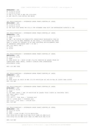 D0263/2019 - AGA
B) 27/02/19 03:30
C) 24/04/19 08:00
D) FEB 27 TIL APR 24 WED THU 0330-0800
E) RWY 09R/27L CLSD DEVIDO SER MAINT
SAO PAULO/GUARULHOS - GOVERNADOR ANDRE FRANCO MONTORO,SP (SBGR)
D0111/2019 - AGA
B) 11/02/19 07:00
C) 24/04/19 23:59
E) TWY ALFA CLSD ENTRE TWY KILO E TWY NOVEMBER PARA ACFT COM ENVERGADURA SUPERIOR A 36M
SAO PAULO/GUARULHOS - GOVERNADOR ANDRE FRANCO MONTORO,SP (SBGR)
Z4458/2016 - ATM
B) 28/11/16 17:08
C) PERM
E) TMA - EM VIRTUDE DOS REQUISITOS OPERACIONAIS NECESSARIOS PARA AS
STAR E/OU SID NA AREA TERMINAL DE SAO PAULO, A UTILIZACAO DAS ROTAS
RNAV 5, SAINDO OU CHEGANDO DO AD SERA DESTINADA EXCLUSIVAMENTE PARA
AS AERONAVES HOMOLOGADAS RNAV 1 OU RNP 1
REF: AIP BRASIL ENR 3
F) FL055
G) FL195
SAO PAULO/GUARULHOS - GOVERNADOR ANDRE FRANCO MONTORO,SP (SBGR)
Z4276/2016 - ATM
B) 14/11/16 22:46
C) PERM
E) STAR EVSOV 1B - IBDIK 1B RWY 27L/27R CORRIGIR NO QUADRO FALHA DE
COMUNICAÇÃO PARA: ENTAO, CURVAR A DIREITA PARA INTERCEPTAR
APROXIMACAO FINAL
REF: AIP MAP STAR
SAO PAULO/GUARULHOS - GOVERNADOR ANDRE FRANCO MONTORO,SP (SBGR)
Z3989/2017 - ATM
B) 23/11/17 17:22
C) PERM
E) STAR EVSOV 2B IBDIK 2B RWY 27L/27R MODIFICAR ALT MIN DA MSA DE 2300FT PARA 6000FT
REF. AIP MAP
SAO PAULO/GUARULHOS - GOVERNADOR ANDRE FRANCO MONTORO,SP (SBGR)
Z3791/2017 - ATM
B) 01/11/17 00:48
C) PERM
E) IAP RNAV (GNSS) Y RWY 27R MODIFICAR NO QUADRO POUSO DIRETO AS SEGUINTES INFO:
OCH (PROC LNAV): 750FT
MDA: 3190FT
VIS: CAT A - 750M (ALS) / 1600M(NO ALS)
CAT B - 1200M (ALS) / 2000M(NO ALS)
CAT C,D,E - 2700 (ALS) / 3500(NO ALS)
REF: AIP MAP
SAO PAULO/GUARULHOS - GOVERNADOR ANDRE FRANCO MONTORO,SP (SBGR)
Z2991/2015 - ATM
B) 12/11/15 02:00
C) PERM
E) STAR - ILSOR 1B RWY 27L/27R MODIFICAR:
FIXO OPTUK DE LVL MNM FL120 MAX FL130 PARA LVL MNM FL120
FIXO KOVLA DE LVL MNM FL100 PARA LVL MNM FL100 MAX FL130
REF: AIP MAP
AISWEB - BOLETIM PERSONALIZADO - 02/03/2019 às 02:42:30 UTC - Total de Páginas: 43
página 20 de 43 :: IP 201.6.233.0 :: check 3C798198-E456-40DC-BCA70A929DBB88A7
 