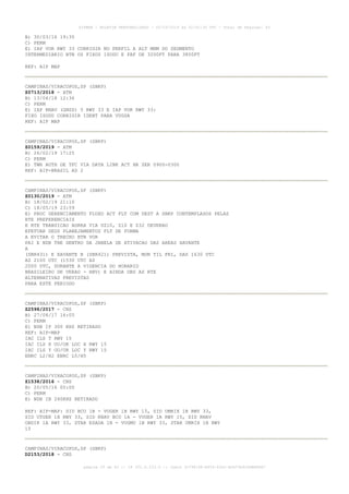 B) 30/03/16 19:35
C) PERM
E) IAP VOR RWY 33 CORRIGIR NO PERFIL A ALT MNM DO SEGMENTO
INTERMEDIARIO BTN OS FIXOS ISODU E FAF DE 3200FT PARA 3800FT
REF: AIP MAP
CAMPINAS/VIRACOPOS,SP (SBKP)
Z0713/2018 - ATM
B) 13/04/18 12:36
C) PERM
E) IAP RNAV (GNSS) Y RWY 33 E IAP VOR RWY 33:
FIXO ISODU CORRIGIR IDENT PARA VUGSA
REF: AIP MAP
CAMPINAS/VIRACOPOS,SP (SBKP)
Z0159/2019 - ATM
B) 26/02/19 17:25
C) PERM
E) TWR AUTH DE TFC VIA DATA LINK ACT HR SER 0900-0300
REF: AIP-BRASIL AD 2
CAMPINAS/VIRACOPOS,SP (SBKP)
Z0130/2019 - ATM
B) 18/02/19 21:10
C) 18/05/19 23:59
E) PROC GERENCIAMENTO FLUXO ACT FLT COM DEST A SBKP CONTEMPLADOS PELAS
RTE PREFERENCIAIS
E RTE TRANSICAO AORRA VIA UZ10, Z10 E Z32 DEVERAO
EFETUAR SEUS PLANEJAMENTOS FLT DE FORMA
A EVITAR O TRECHO BTN VOR
PAI E NDB TBE DENTRO DA JANELA DE ATIVACAO DAS AREAS XAVANTE
A
(SBR431) E XAVANTE B (SBR421) PREVISTA, MON TIL FRI, DAS 1630 UTC
AS 2100 UTC (1530 UTC AS
2000 UTC, DURANTE A VIGENCIA DO HORARIO
BRASILEIRO DE VERAO - HBV) E AINDA OBS AS RTE
ALTERNATIVAS PREVISTAS
PARA ESTE PERIODO
CAMPINAS/VIRACOPOS,SP (SBKP)
Z2598/2017 - CNS
B) 27/08/17 16:05
C) PERM
E) NDB IP 300 KHZ RETIRADO
REF: AIP-MAP
IAC ILS T RWY 15
IAC ILS X OU/OR LOC X RWY 15
IAC ILS Y OU/OR LOC Y RWY 15
ENRC L2/H2 ENRC L5/H5
CAMPINAS/VIRACOPOS,SP (SBKP)
Z1538/2016 - CNS
B) 20/05/16 00:00
C) PERM
E) NDB IB 240KHZ RETIRADO
REF: AIP-MAP: SID BCO 1B - VUGER 1B RWY 15, SID UMRIX 1B RWY 33,
SID UTGER 1B RWY 33, SID RNAV BCO 1A - VUGER 1A RWY 15, SID RNAV
OBDIK 1A RWY 33, STAR ESADA 1B - VUGMU 1B RWY 33, STAR UMRIX 1B RWY
15
CAMPINAS/VIRACOPOS,SP (SBKP)
D2153/2018 - CNS
AISWEB - BOLETIM PERSONALIZADO - 02/03/2019 às 02:42:30 UTC - Total de Páginas: 43
página 26 de 43 :: IP 201.6.233.0 :: check 3C798198-E456-40DC-BCA70A929DBB88A7
 